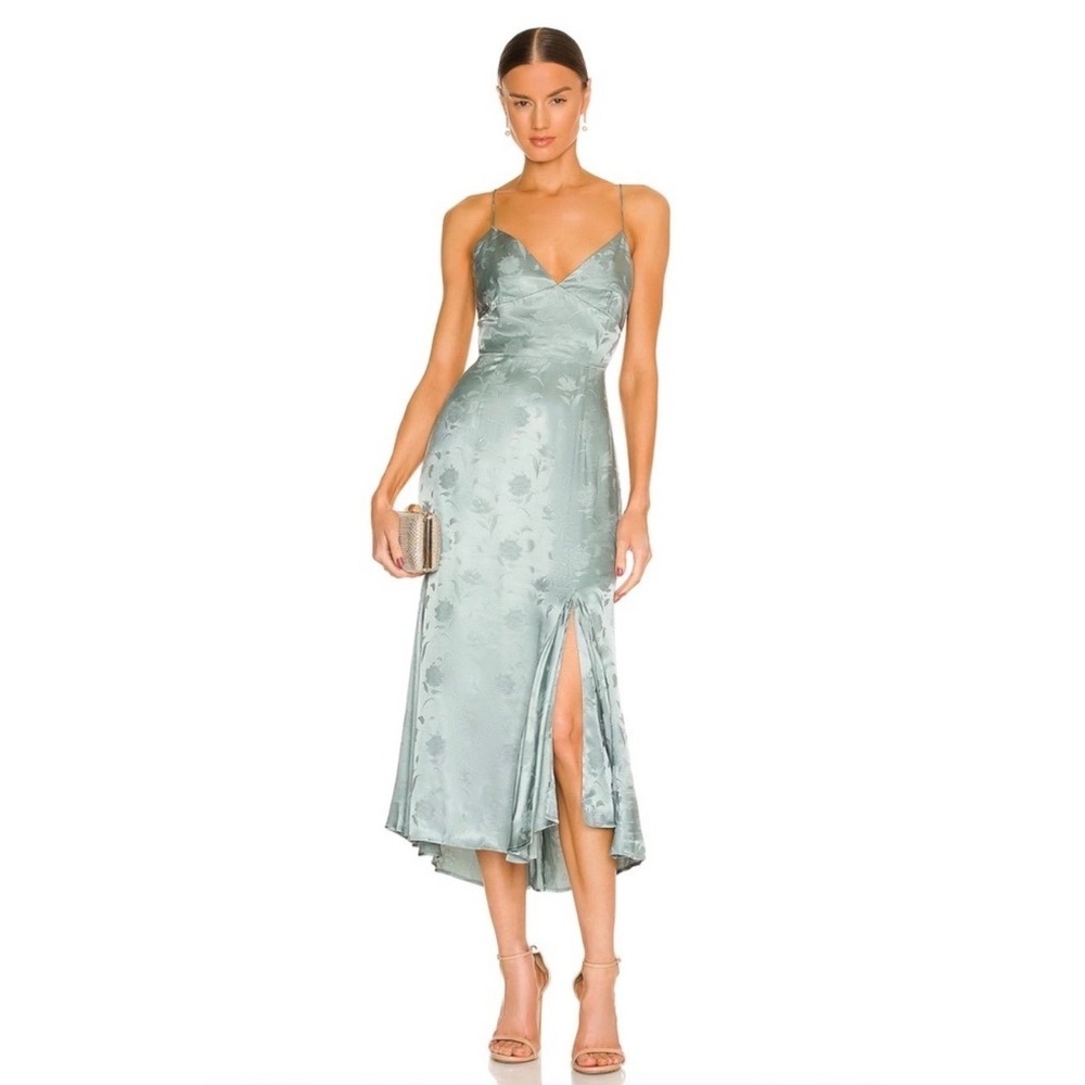SAU LEE Sage Green Floral Jacquard V-Neck Midi Dress Front Slit Size 8
